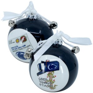 ceramic ball ornament with Good Tidings State on 1 side, Penn State postcard on other